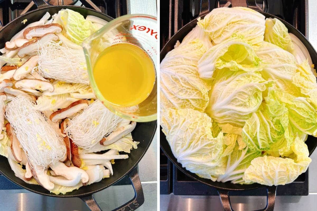 Split image: Left side shows napa cabbage, bean thread noodles, and sliced mushrooms, in a pot with broth being poured in. Right side reveals the pot now covered fully with Steamed Napa Cabbage leaves.
