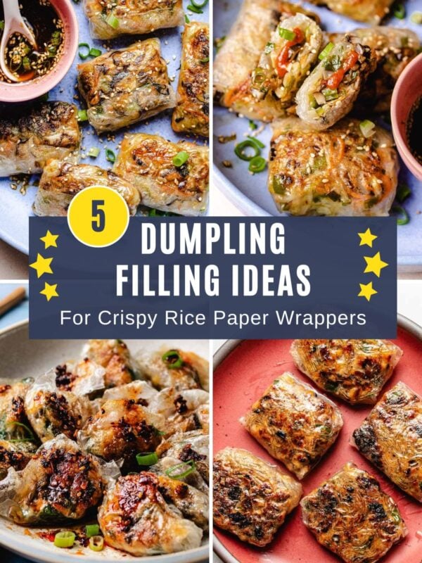 A collage of various dumpling filling ideas for rice wrapper rolled dumplings, served on plates with dipping sauce, and a central banner that highlights tasty dumpling filling ideas for rice paper wrappers.