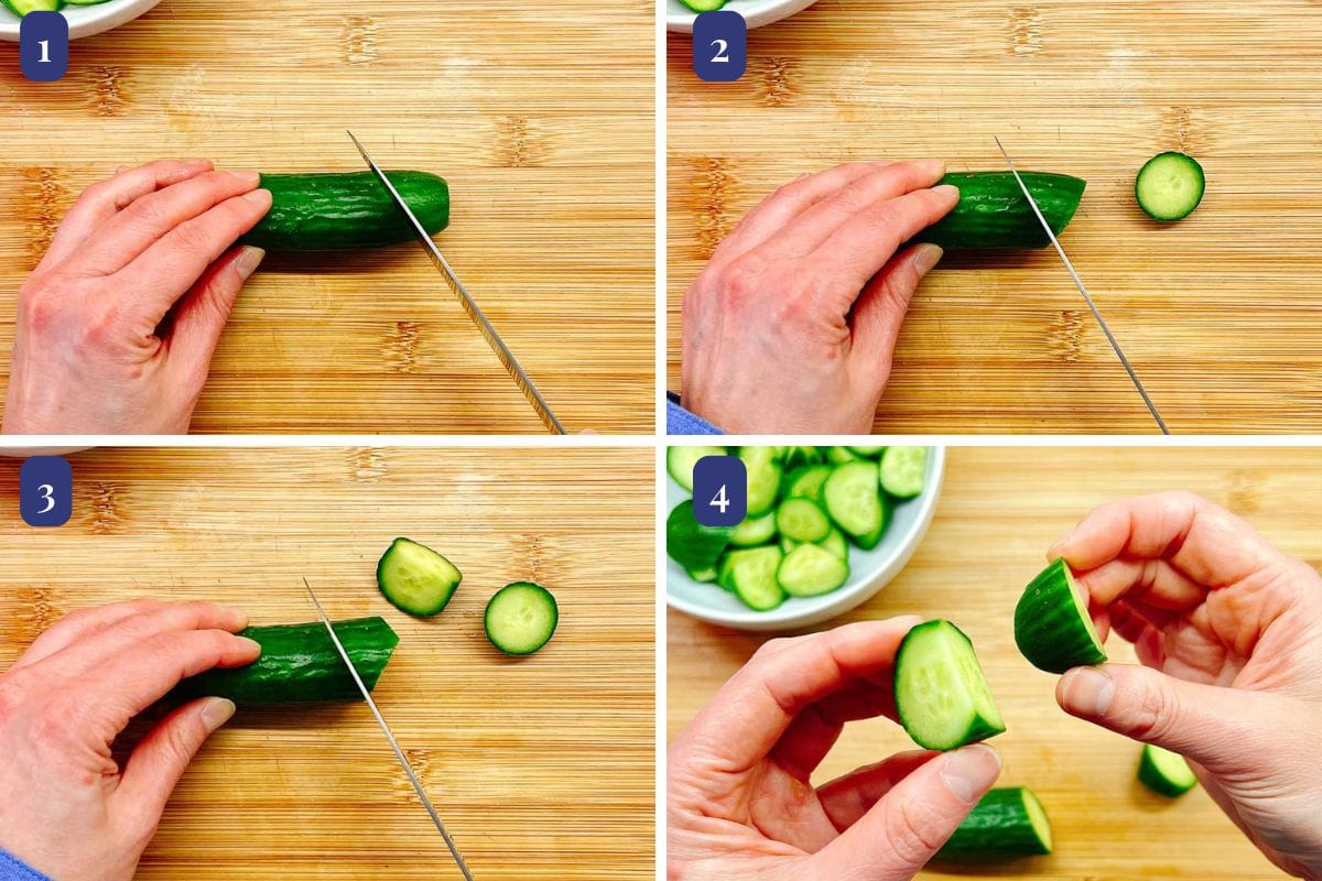 Four-step photo guide showing how to roll cut cucumber on a wooden cutting board—perfect prep for a fresh cucumber chickpea salad: trimming the end, making thin slices, continuing to slice, and finally holding a cucumber round.