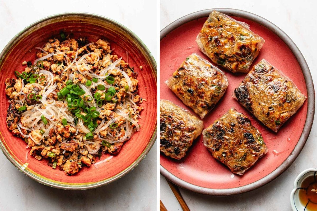 Left: A bowl of softened glass noodles with cooked ground chicken, chopped vegetables, and green onions. Right: Five golden-brown, pan-fried rice paper parcels with the fillings wrapped inside —great dumpling filling ideas for rice paper—served with dipping sauce on a red plate.
