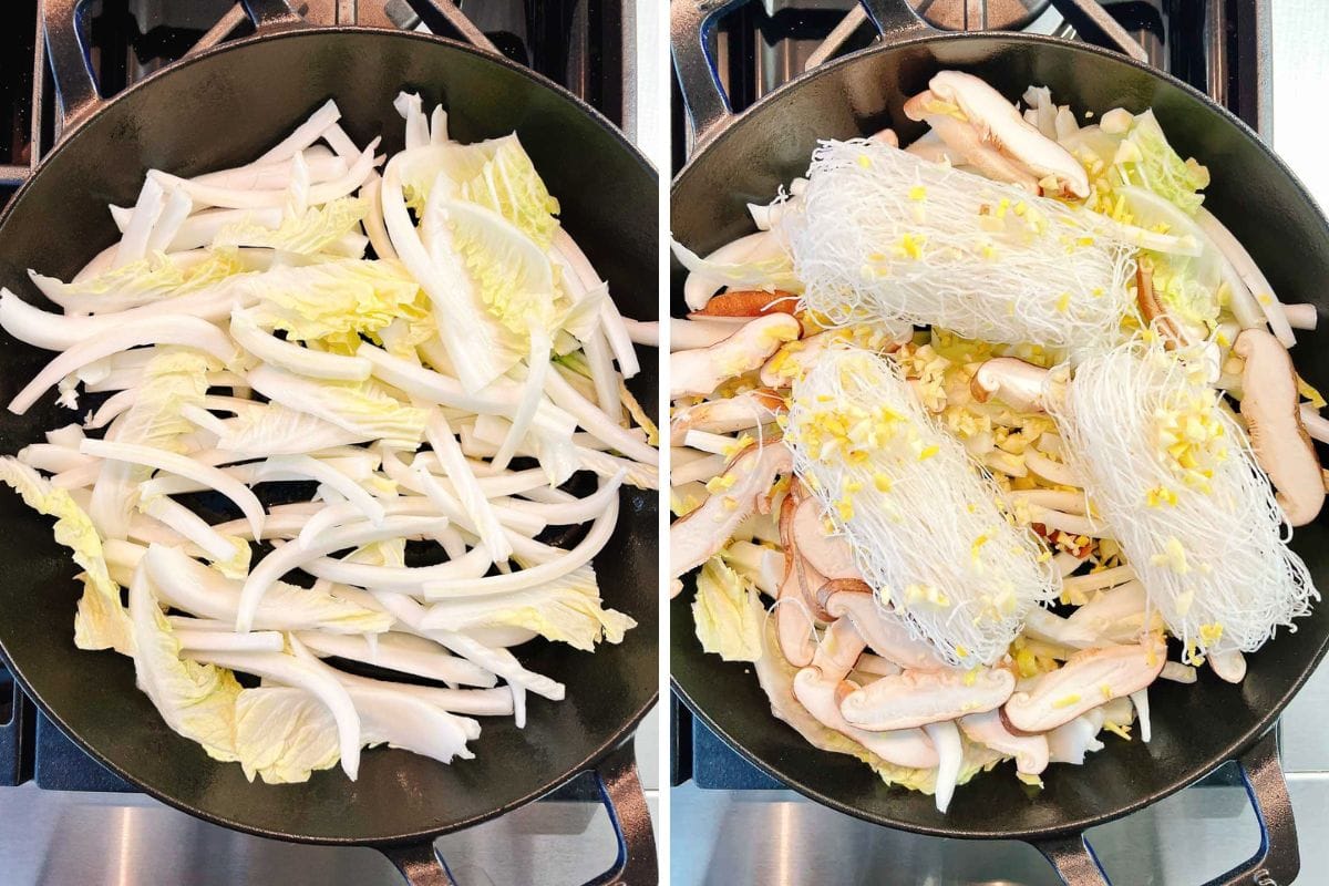 Side-by-side images of a pan: the left shows sliced napa cabbage stems at the bottom of the pan, while the right features mushrooms, glass noodles, and minced garlic atop the veggies—perfect for making Steamed Napa Cabbage.