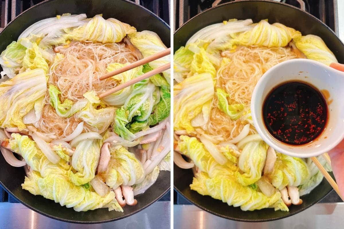 Left: A skillet with steamed Napa cabbage, glass noodles, and mushrooms being cooked, with chopsticks stirring. Right: A hand holds a bowl of dark sauce over the same skillet of vegetables and noodles.