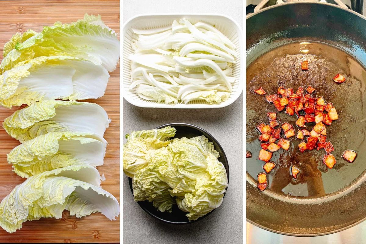 Three images: left shows Napa cabbage leaves on a cutting board, center displays thinly sliced Napa Cabbage stems in a tray and whole leaves in a bowl, right features browned diced pancetta in a frying pan.