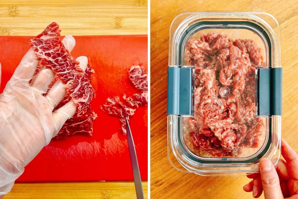 Left: A gloved hand holds thinly sliced beef into strips on a red cutting board, with a knife nearby. Right: A hand holds a glass container filled with velveted and marinated ground beef on a wooden surface.