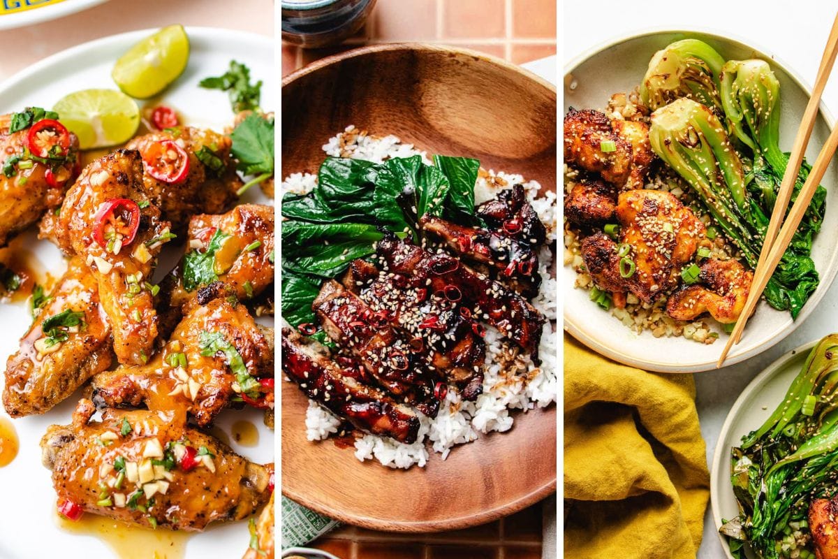 Three dishes: left, Viet sweet chili marinated chicken wings with chili slices and lime wedges—classic Asian chicken recipes; center, soy sauce marinated chicken with sesame seeds over rice and greens; right, chicken satau and bok choy with sesame seeds served over rice with chopsticks.