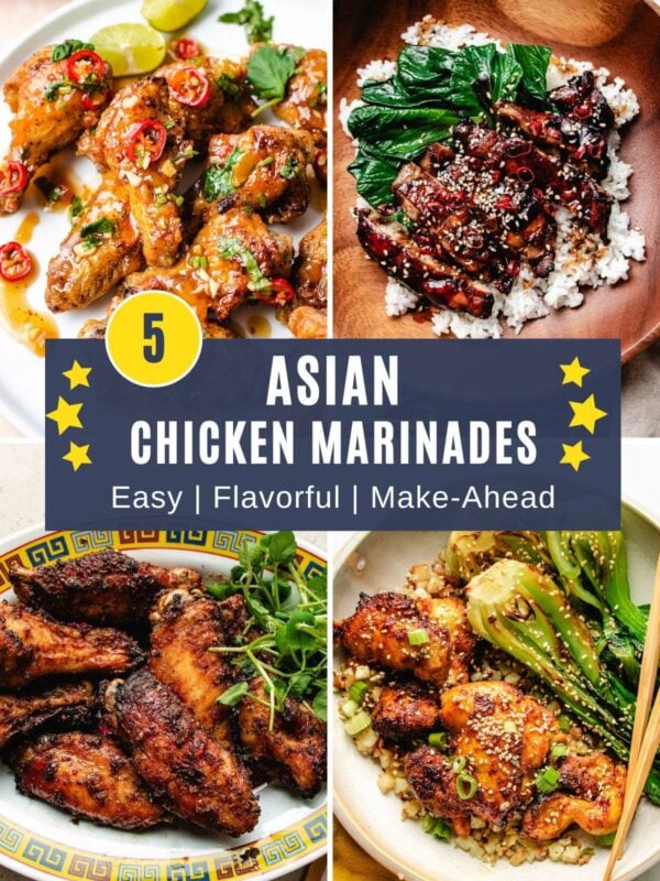 A collage of four plates of chicken dishes with vibrant Asian marinades. In the center, a banner reads: 5 Asian Chicken Marinades - Easy | Flavorful | Make-Ahead, spotlighting top chicken marinade recipes on a starry blue background.
