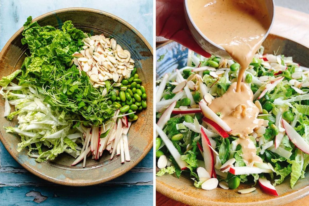 A vibrant Napa cabbage salad bowl with shredded napa, sliced almonds, edamame, sliced red apples, and cilantro microgreens; in the second image, creamy dressing is being poured over the colorful mixed salad.