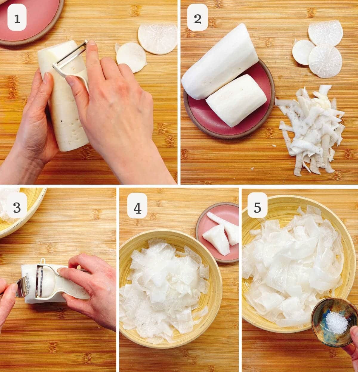 Step-by-step images show hands peeling and slicing a white daikon radish on a wooden surface, using a slicer to create thin pieces perfect for a shaved daikon salad, then placing the delicate slices in a bowl.