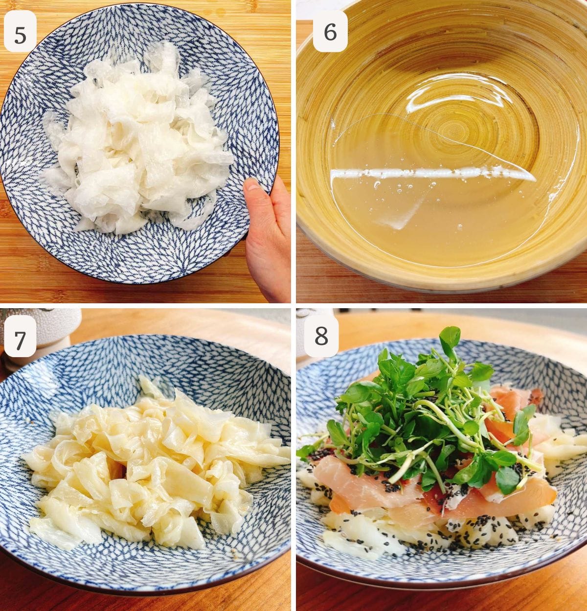 Four-step process: (5) hand holds a bowl of salted shaved daikon ribbons with moisture squeezed out, (6) yellow bowl with clear liquid from after salting the daikon, (7) marinated and seasoned daikon, (8) final dish topped with herbs and greens on a blue-patterned plate.