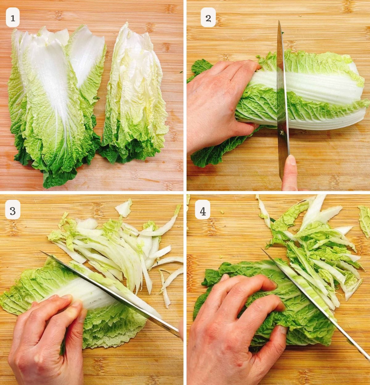 A step-by-step collage shows hands slicing and shredding napa cabbage into salads on a wooden board: separating leaves, stacking them, thin slicing lengthwise, then chopping into thin strips.