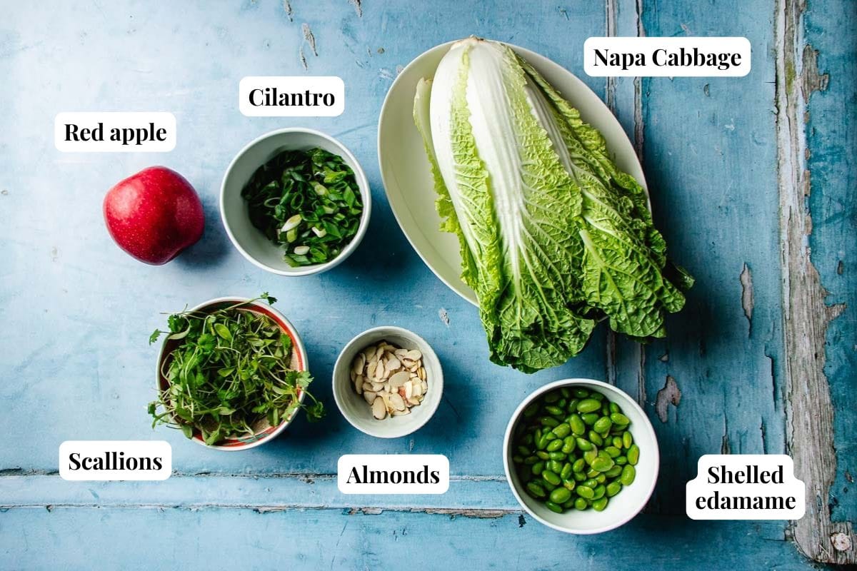 A flat lay of Napa cabbage salad ingredients—napa cabbage, red apple, cilantro, scallions, sliced almonds, and shelled edamame—arranged in bowls on a blue surface, each labeled with white text.