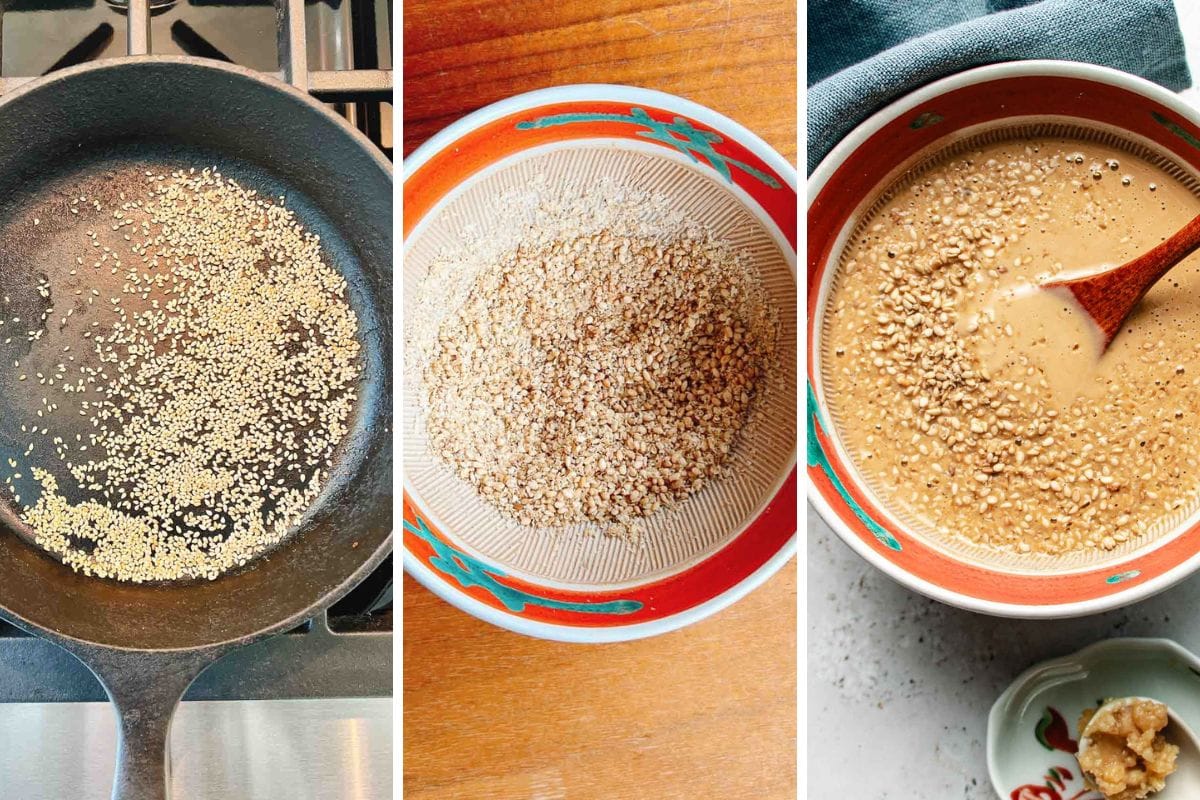 Three-step process: sesame seeds toasting in a skillet, ground sesame seeds in a bowl, and a creamy miso sesame dressing being mixed with seeds using a wooden spoon.