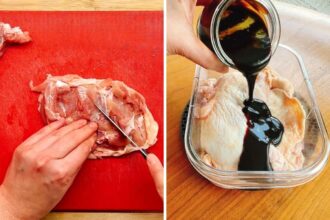 A person slices raw chicken on a red cutting board in the left image. In the right image, someone pours Asian chicken marinades - thick soy sauce - over raw chicken pieces in a glass dish.