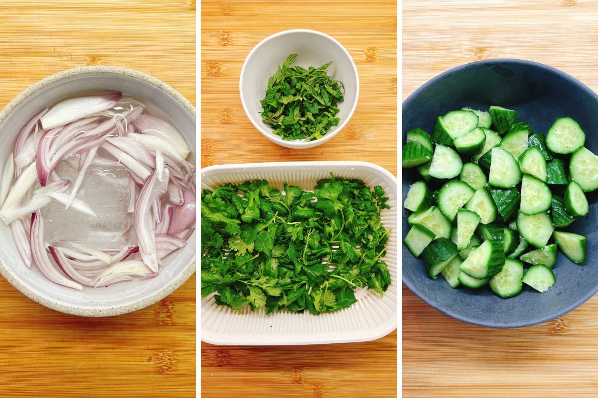 Three sections show sliced shallots soaking in water, chopped mint in a small bowl, fresh parsley in a white container, and cut cucumber pieces in a dark bowl—ingredients often featured in Thai cucumber shrimp salad—arranged on a wooden surface.