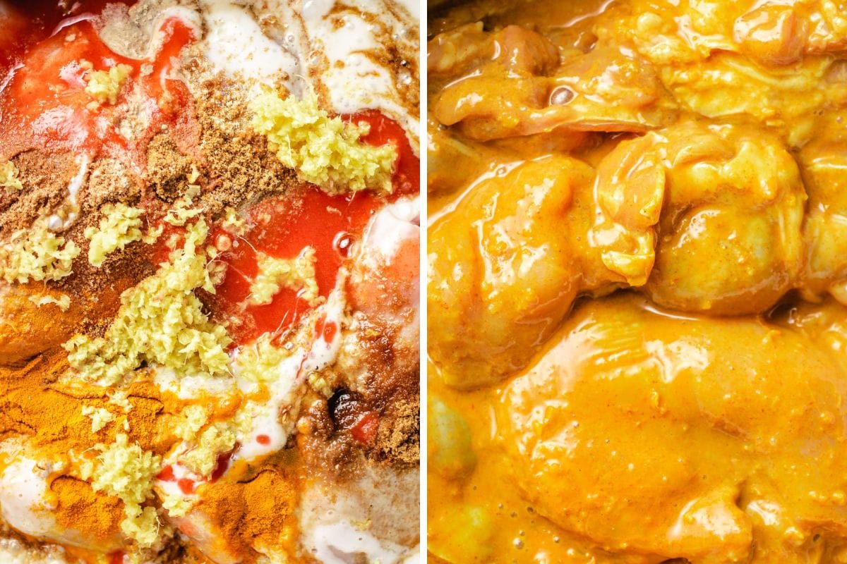 Side-by-side images: on the left, raw chicken soaking in coconut cream spices, ginger, and Asian chicken marinades; on the right, cooked chicken coated in a rich, creamy yellow satay curry sauce.