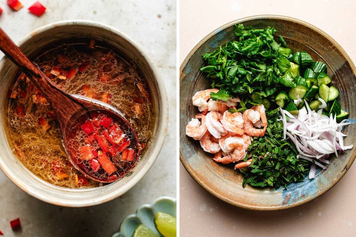 Left: A bowl of Thai sweet chili lime dressing, stirred by a wooden spoon. Right: A bowl containing Thai cucumber shrimp salad with chopped greens, sliced shallots, herbs, and shrimp, arranged in sections on a light background.