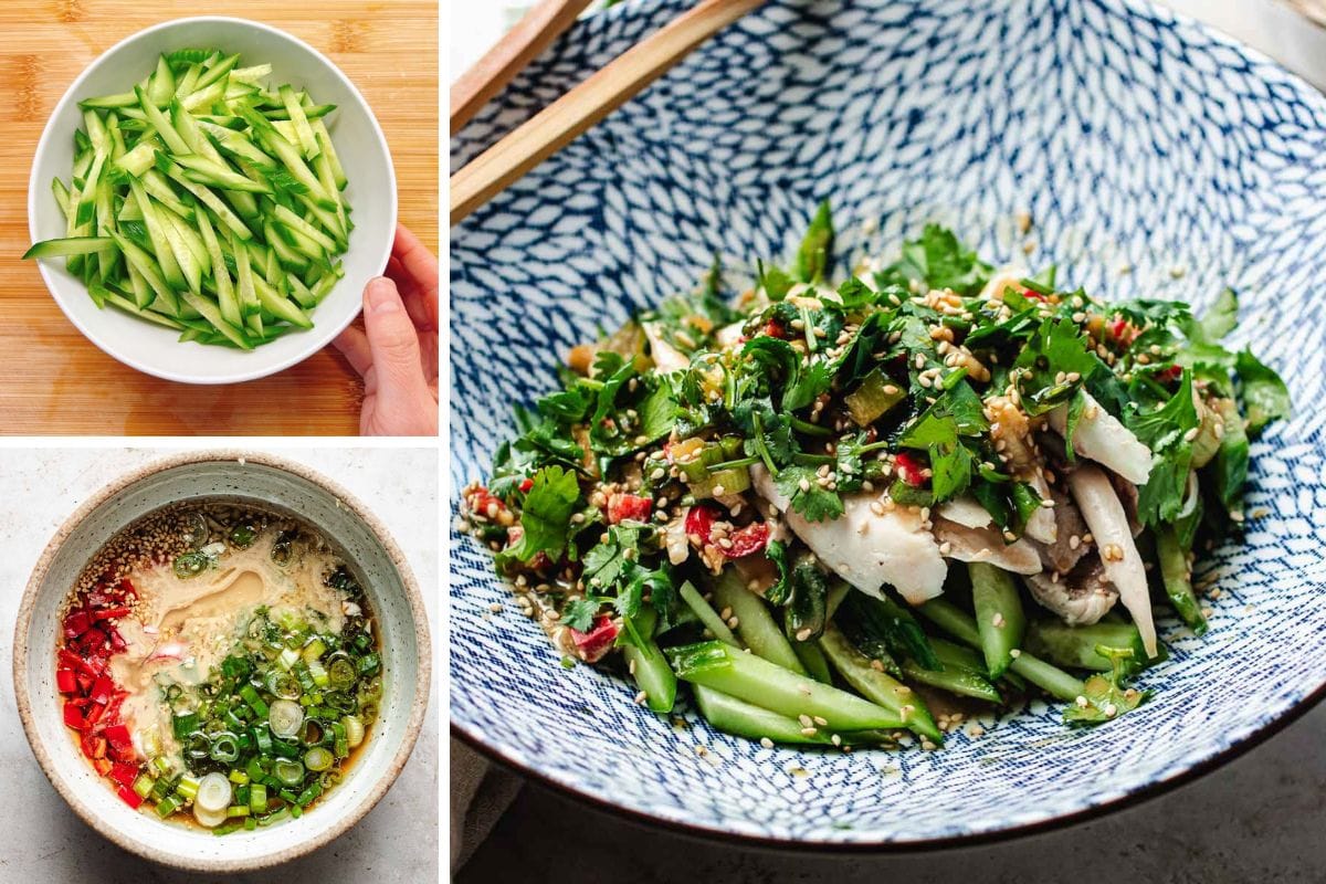 A bowl of sliced cucumbers, a bowl of sauce with chopped scallions and chili, and a plated cucumber and shredded chicken salad with herbs and sesame seeds in a blue patterned bowl, reminiscent of the fresh flavors found in Bang Bang Chicken Taiwanese Style.