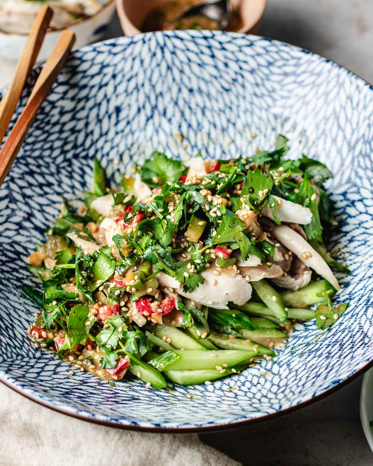 A patterned bowl filled with a Bang Bang Chicken Taiwanese Style salad made of shredded chicken, sliced cucumber, cilantro, red chilies, and sesame seeds. Wooden chopsticks rest on the bowl’s edge.