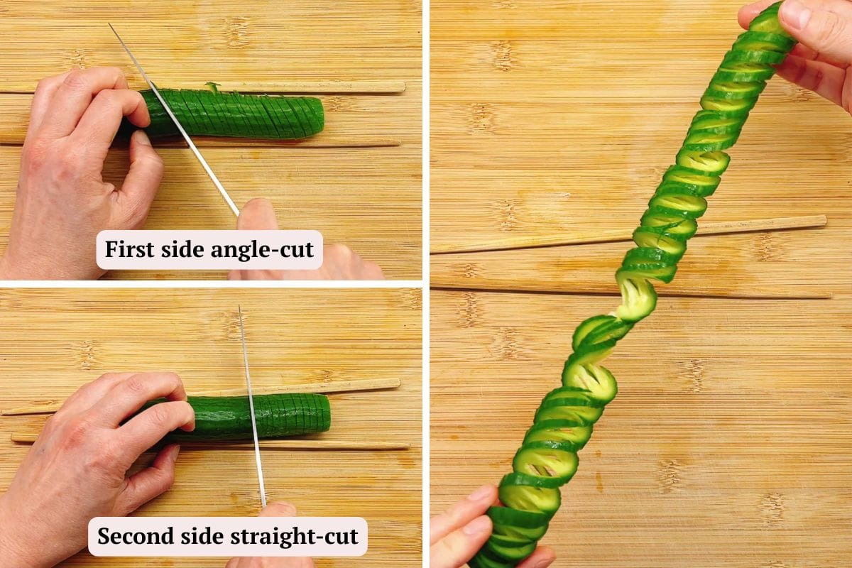 A step-by-step guide showing hands using a knife to spiral-cut a cucumber between two chopsticks, with labeled instructions for angle and straight cuts, resulting in a spiral cucumber perfect for making marinated cucumbers.