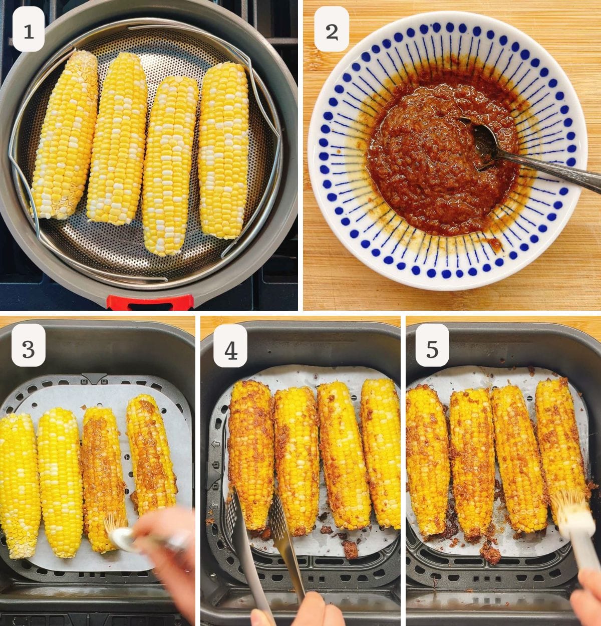 Step-by-step images show how to make Taiwanese street corn in the air fryer: prepping corn, mixing shacha sauce, brushing sauce on the corn, placing the sauced corn in the air fryer, and finally revealing perfectly cooked Taiwanese street corn on parchment paper.