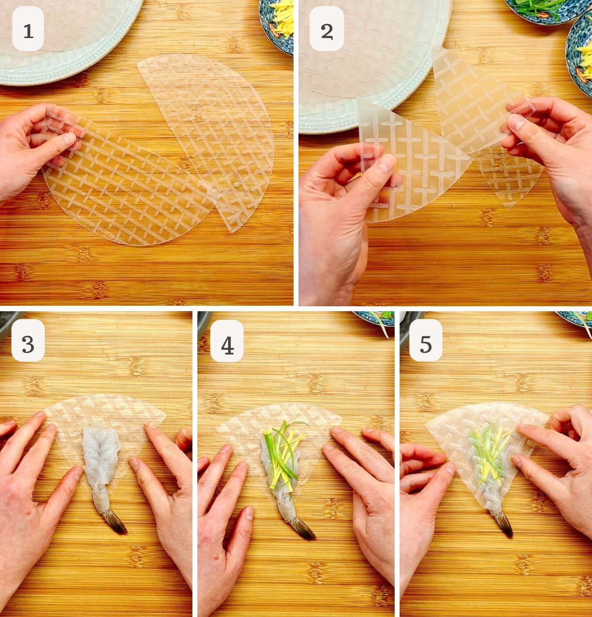 Step-by-step images show hands cutting a round rice paper in half, then into triangels, adding shrimp and sliced scallions and ginger on top—much like preparing rice paper shrimp chips—then pressing it up neatly on a wooden surface.