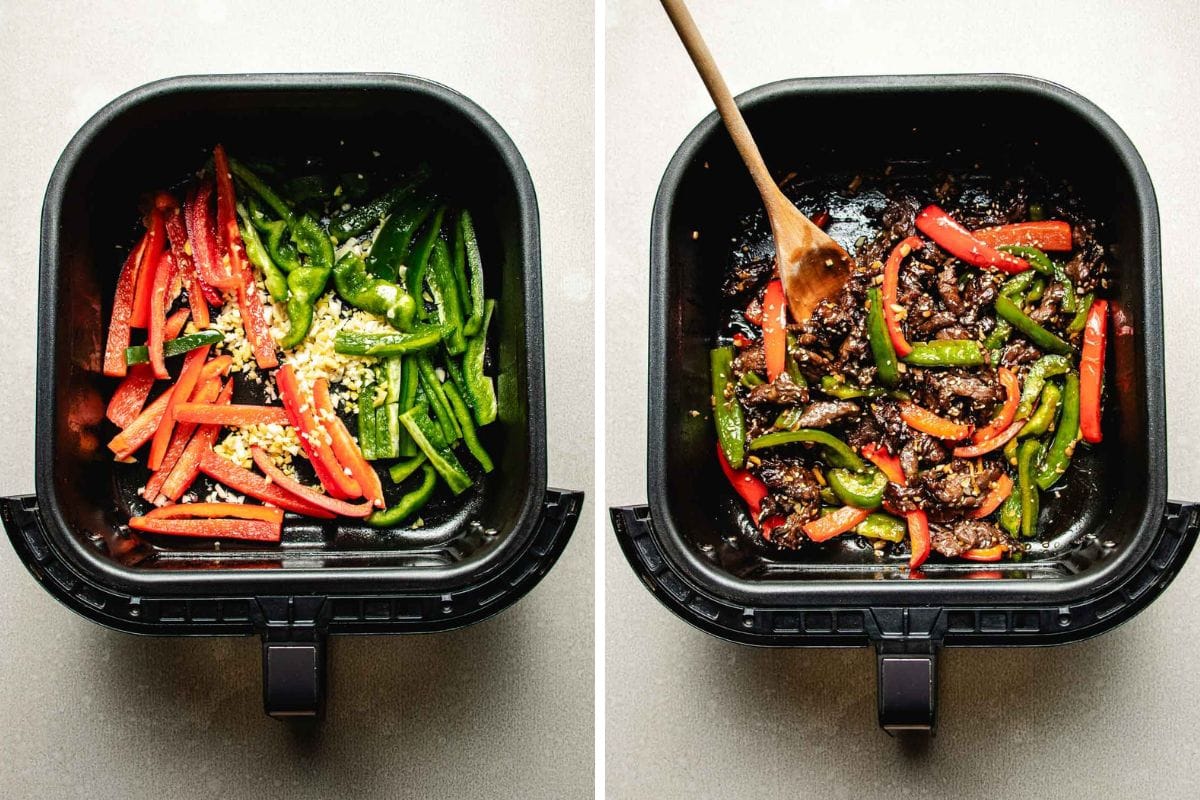 Side-by-side images of an air fryer basket: left shows raw sliced red and green bell peppers with minced garlic, ready to be paired with tender beef for a flavorful air fryer beef stir fry; right shows the cooked mixture being stirred with a wooden spoon.