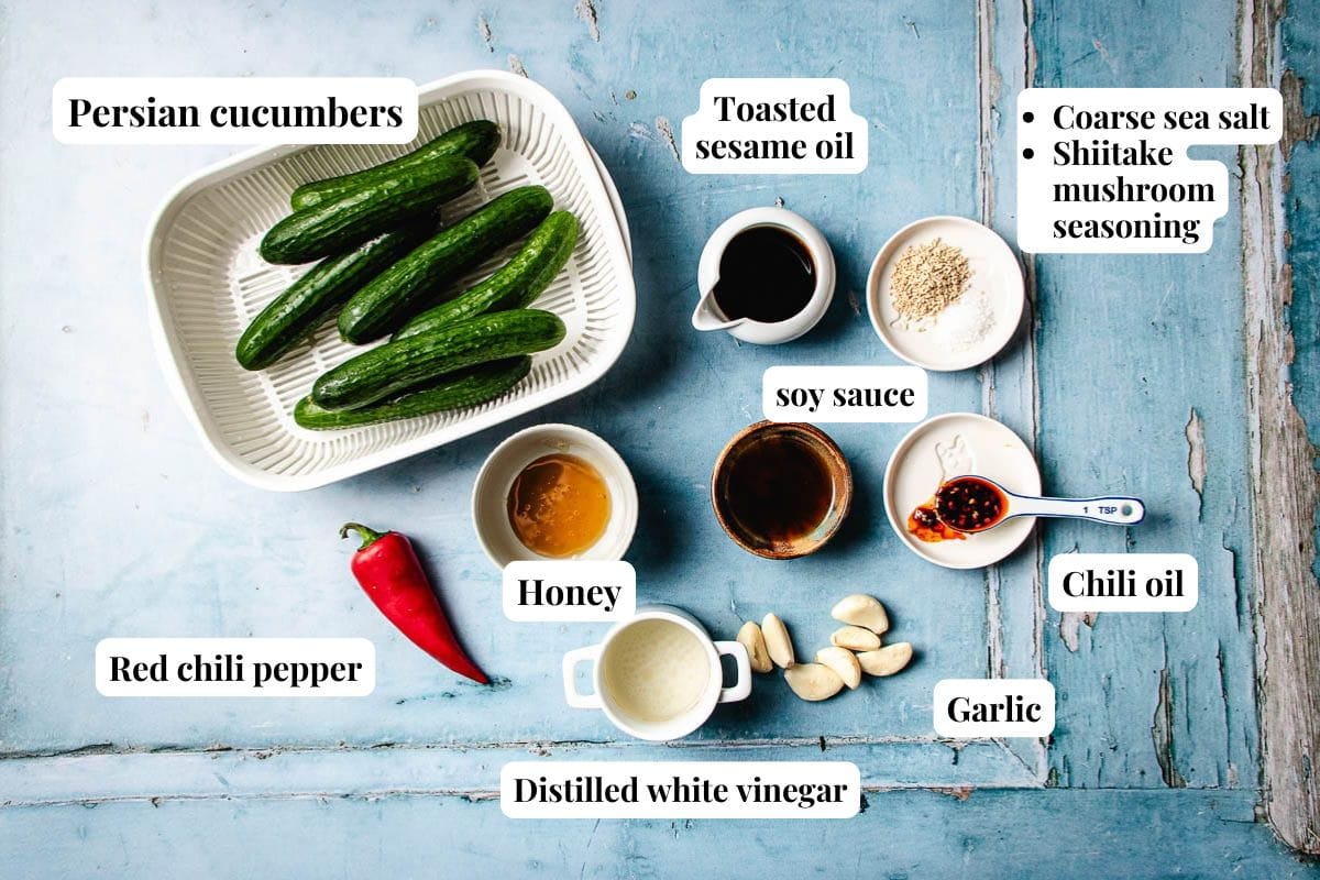 Ingredients for a marinated cucumber salad are arranged on a blue table, each labeled: Persian cucumbers, red chili pepper, honey, distilled white vinegar, toasted sesame oil, soy sauce, garlic, chili oil, coarse sea salt, and shiitake mushroom seasoning.