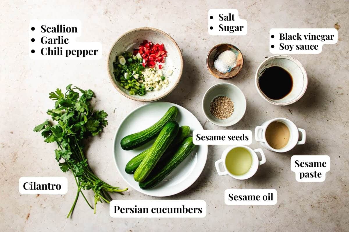 Ingredients for a Bang Bang Chicken Taiwanese Style cucumber salad: cilantro, Persian cucumbers, scallion, garlic, chili pepper, salt, sugar, black vinegar, soy sauce, sesame paste, sesame oil, and sesame seeds—all arranged on a white surface.