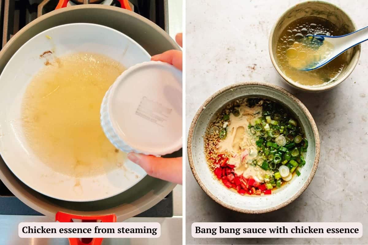 Left: Chicken essence being poured from a small bowl into a pan. Right: Two bowls—one with chicken essence, the other with classic bang bang sauce ingredients like chopped scallions and chili for Bang Bang Chicken Taiwanese Style. Text labels describe each.