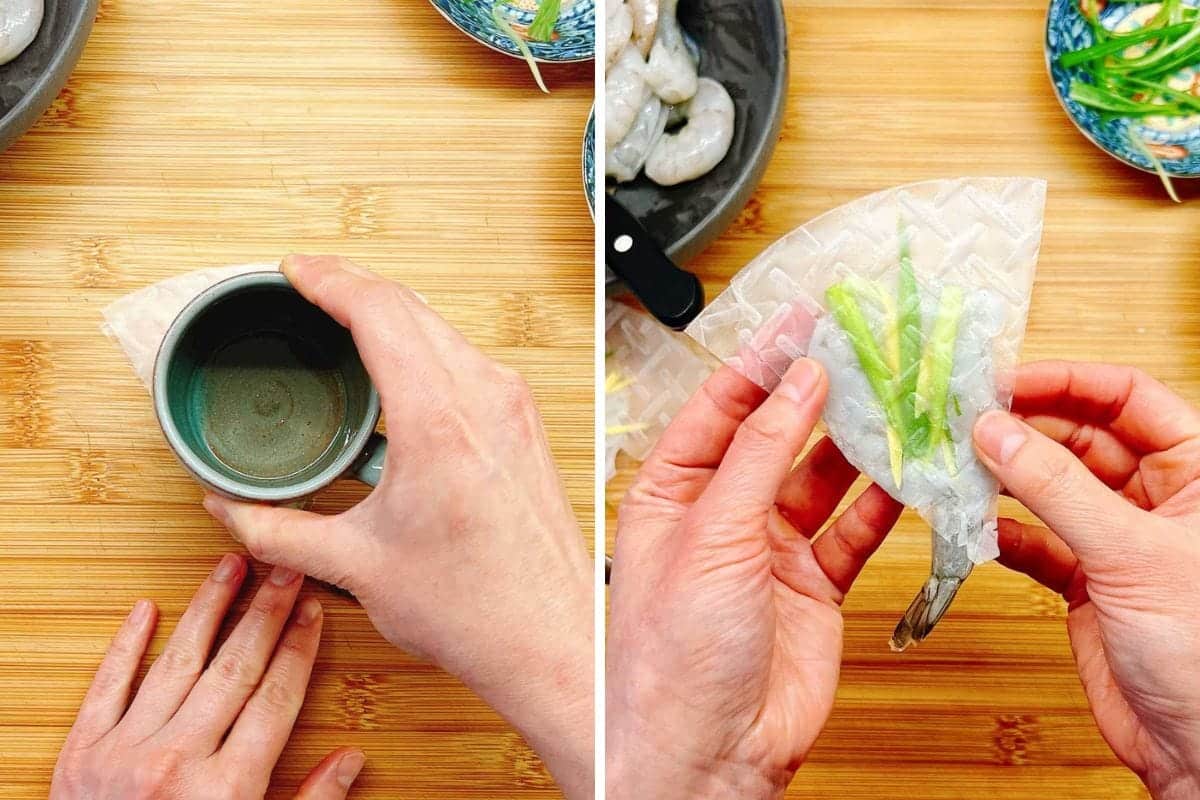 Two side-by-side images show hands preparing shrimp chips: on the left, a hand presses a cup on folded rice paper for making rice paper shrimp chips; on the right, hands hold shrimp chips in the rice paper.