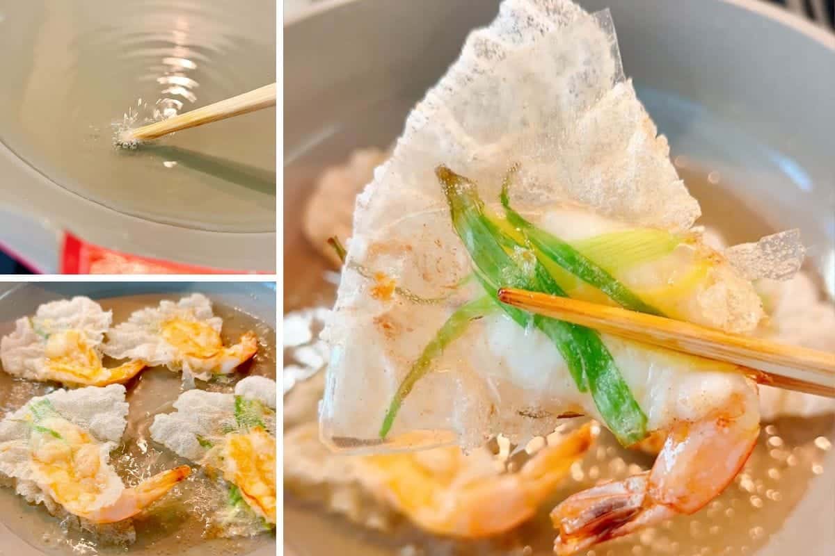 Three images show shrimp and green onion pressed in translucent rice paper frying in oil. Chopsticks hold a cooked rice paper shrimp chip above the pan, while other pieces sizzle beside splashing oil in the process.