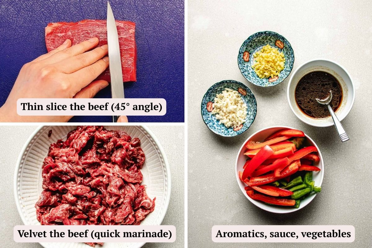 Three steps: Slice raw beef at a 45° angle for your air fryer beef stir fry, marinate the sliced beef, and prepare bowls of chopped garlic, ginger, sauce, and sliced red peppers and green beans.