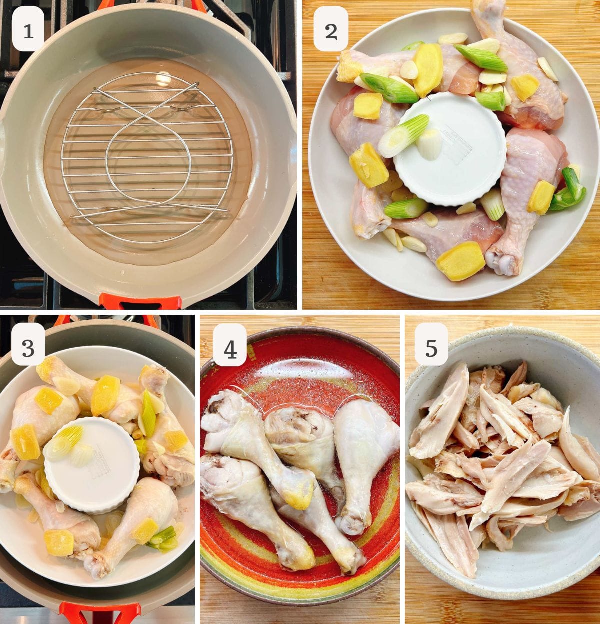 Step-by-step images showing how to poach chicken for Bang Bang Chicken Taiwanese Style: 1) Pot with rack and water, 2) Raw chicken, ginger, scallions, and a bowl in a pot, 3) Close-up of chicken, ginger, and scallions infusing flavor for the Taiwanese-style dish, 4) Cooked chicken drumsticks ready to be prepared Bang Bang.