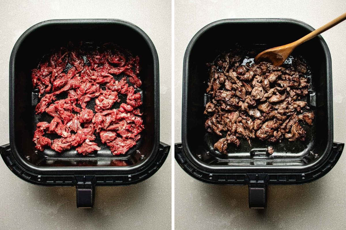 Side-by-side images show raw sliced beef in an air fryer basket on the left and cooked beef being stirred with a wooden spoon in the same basket on the right, perfectly illustrating the process of making air fryer beef stir fry.