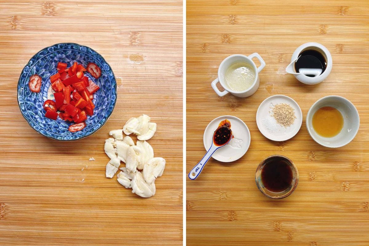 Left: Chopped red chili, and garlic in a blue bowl on a wooden surface. Right: Six small bowls and spoons with sauces, seeds, and garlic, arranged on a wooden surface for marinating cucumbers.