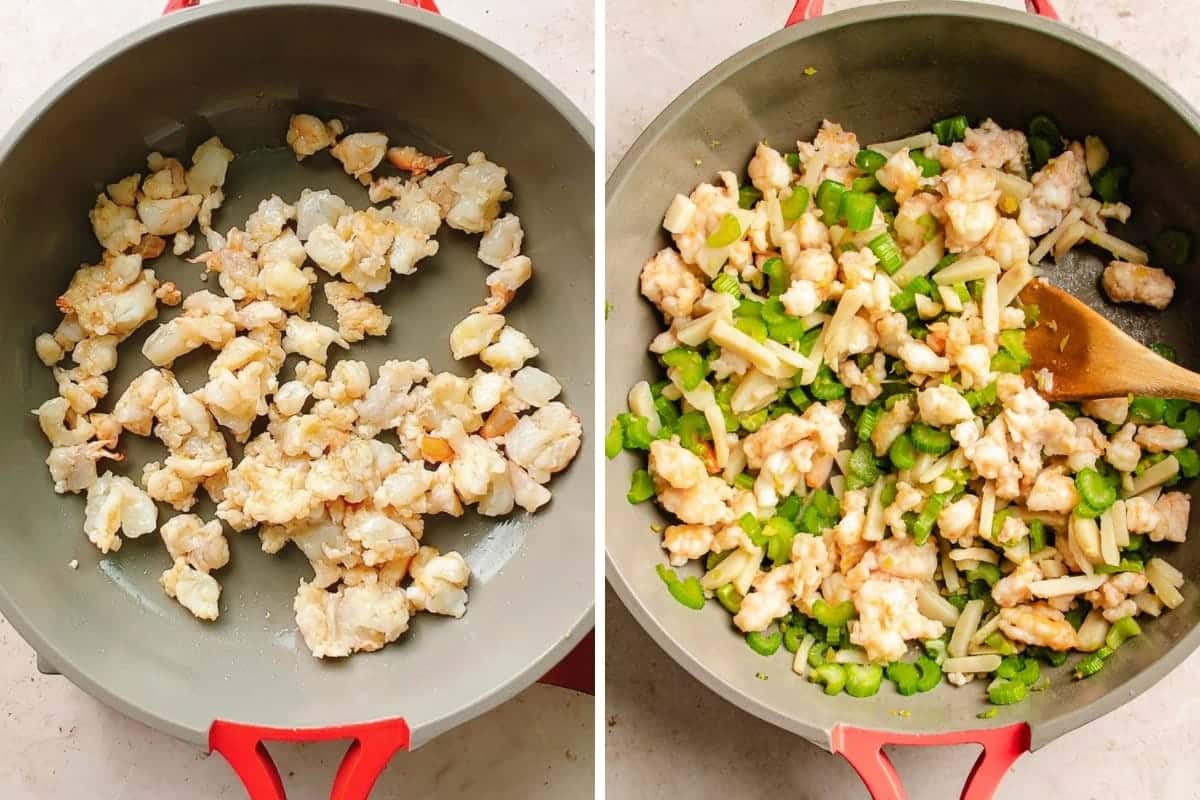 Side-by-side images show a red skillet with chopped shrimp cooking alone on the left, and with added chopped celery and water chestnuts on the right, all being stirred with a wooden spoon—perfectly prepping the flavorful filling for shrimp lettuce wraps.