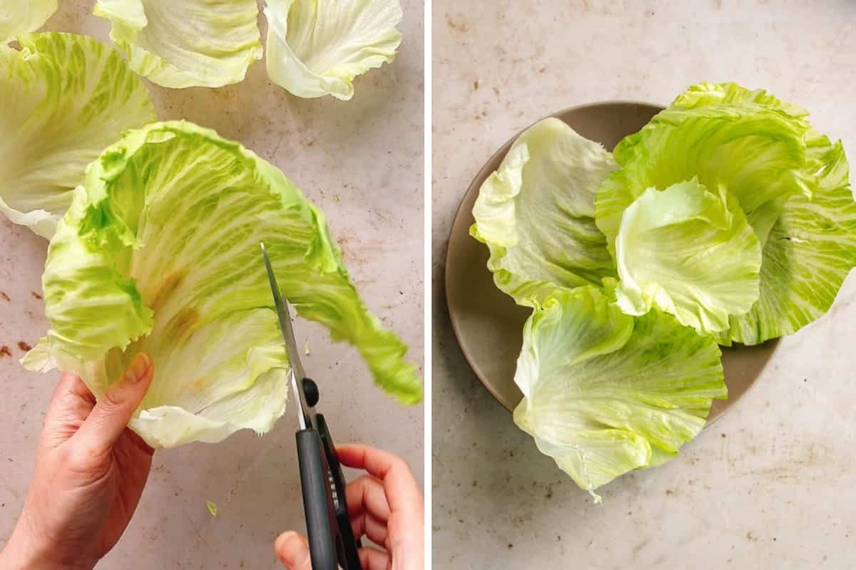 A hand uses scissors to demo how to trim lettuce into cups/wraps on the left; on the right, iceberg lettuce wraps are arranged in a beige bowl.