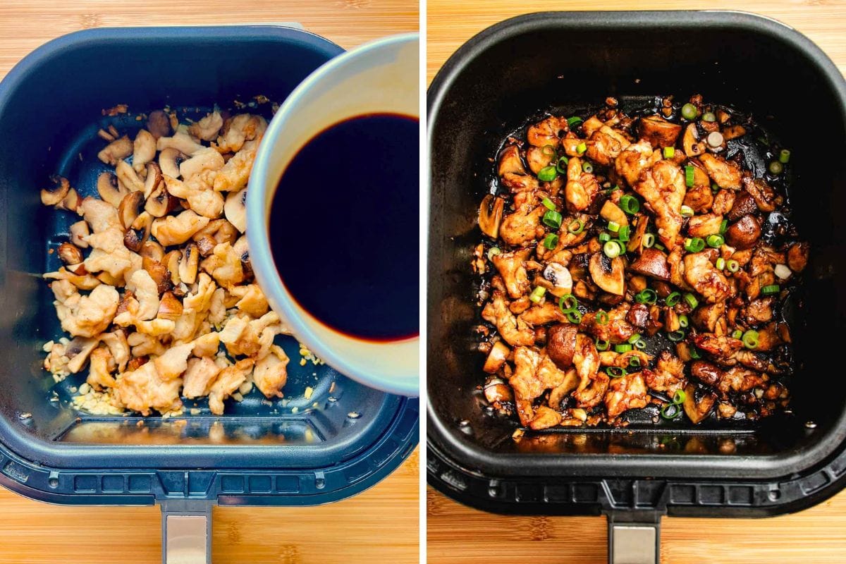 Side-by-side photos show diced and cooked chicken breast in an air fryer basket alongside a bowl of dark sauce, followed by cooked air fryer chicken stir fry with sauce and green onions in the basket.