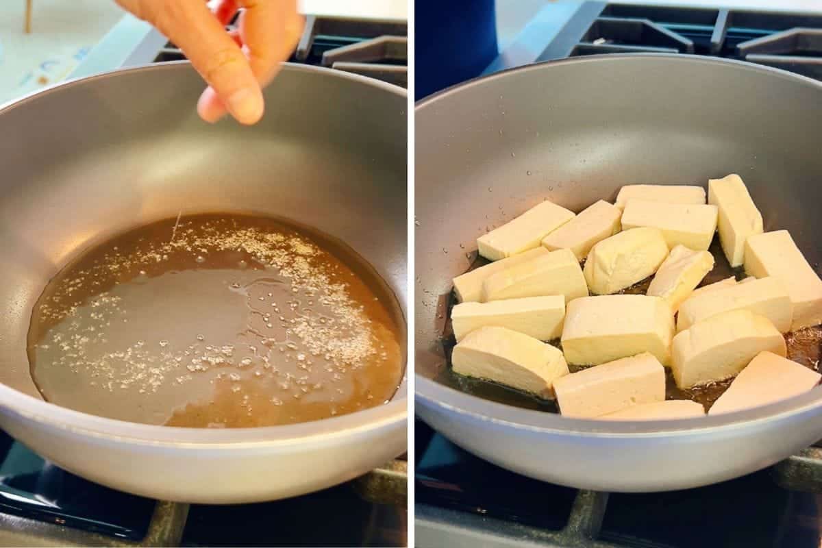 Split image: Left side shows a hand sprinkling salt into a frying pan with hot oil. Right side shows tofu pieces being fried in the same pan on a stovetop, preparing the base for a delicious tofu with minced pork dish.