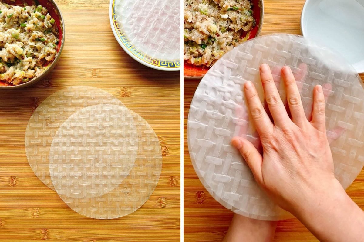 Two rice paper sheets rest on a wooden surface, with a bowl of filling nearby—perfect for assembling your own rice paper shrimp pancakes. In the second image, a hand wets a rice paper sheet on a plate, preparing it for wrapping these delicious shrimp-filled treats.