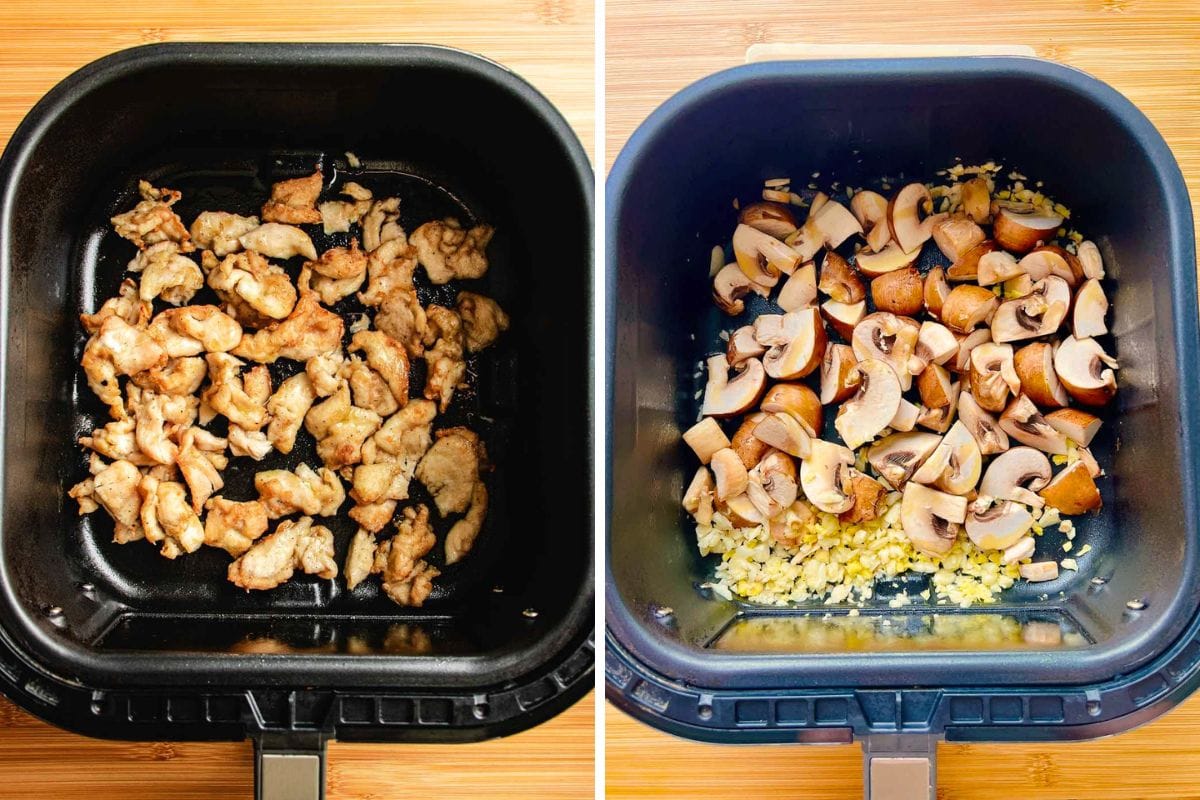 Two images - left one shows tender chicken breast stir fried from an air fryer, right image shows adding garlic, ginger, and vegetables into the air fryer basket.