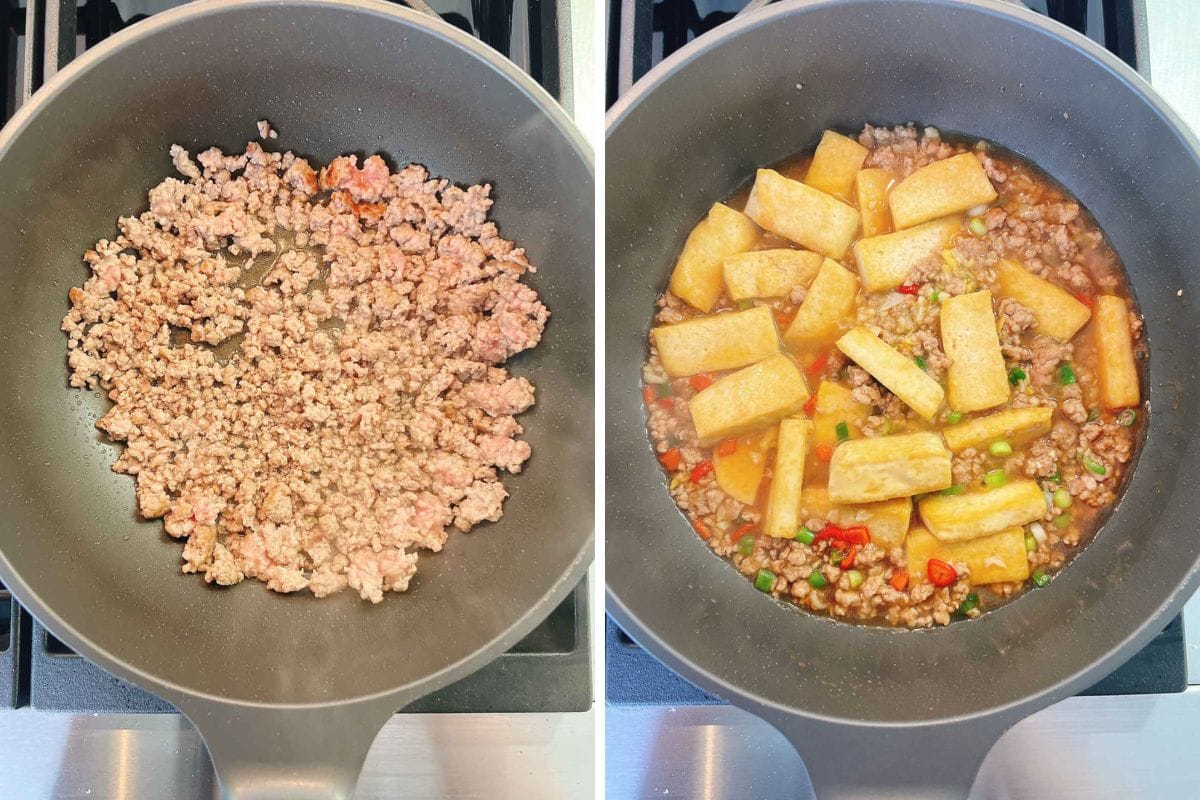 A split image showcases tofu with minced pork cooking in a pan on the left, while on the right, the dish is transformed as the meat is simmered with sauce, red chili peppers, and pan fried tofu pieces in the same pan.