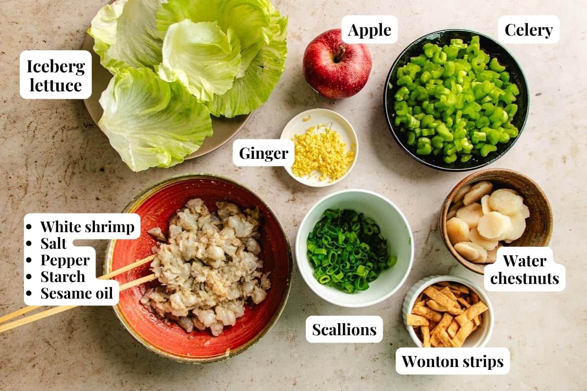 A top view of labeled ingredients for shrimp lettuce wraps: iceberg lettuce, apple, celery, chopped ginger, shrimp mix, scallions, water chestnuts, and wonton strips in separate bowls on a light surface.