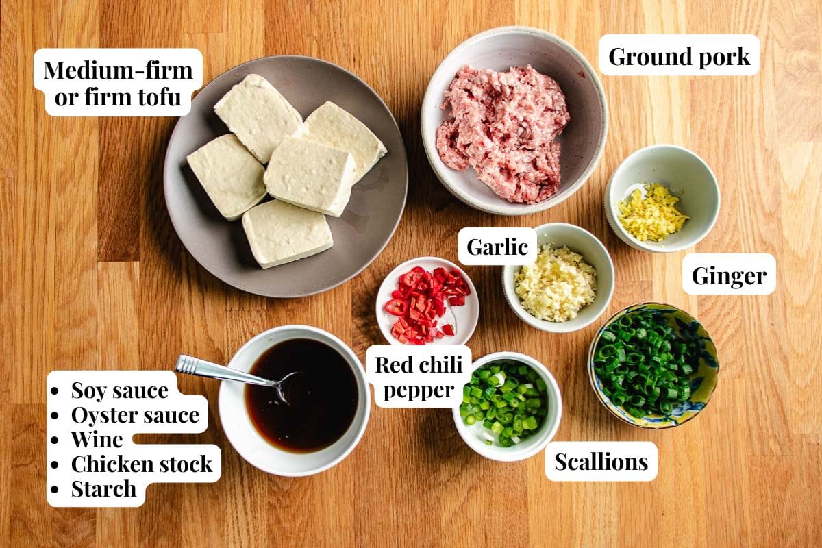 Ingredients for Tofu with minced pork are arranged on a wooden table, including tofu, ground pork, garlic, ginger, red chili, scallions, and a sauce mixture with labeled text identifying each item.