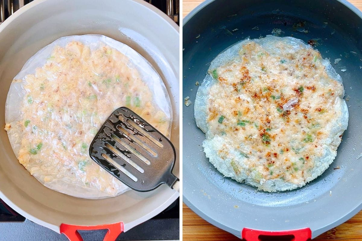 Two images show rice paper shrimp pancakes with filling cooking in a pan. The left image shows the pancake being pressed with a spatula, while the right image reveals it browned and crispy after cooking.