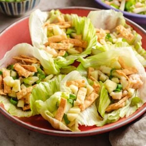 A red plate holds several shrimp lettuce wraps filled with chopped vegetables, crispy wonton strips, and small diced apples and water chestnuts.