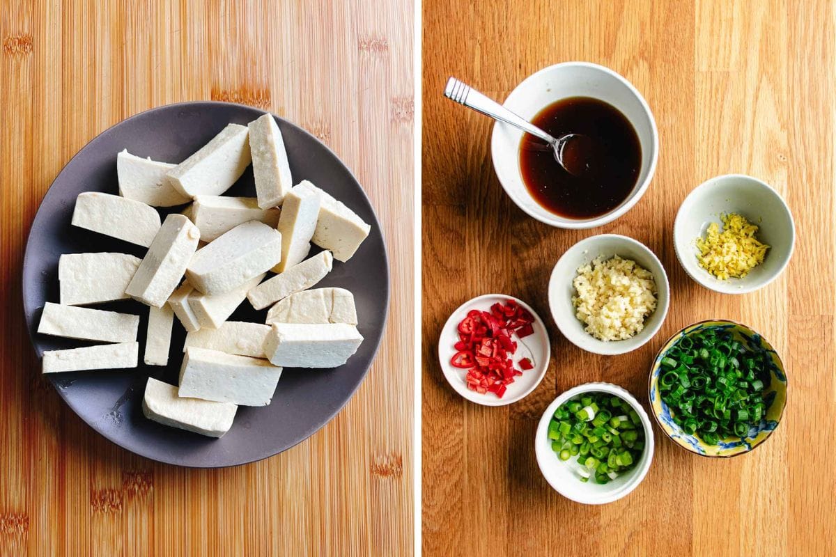 Left: Plate of sliced tofu, perfect as the base for tofu with minced pork. Right: Bowls with chopped red chili, green onions, minced garlic, grated ginger, and a bowl of dark sauce with a spoon—all the vibrant ingredients laid out on a wooden surface.