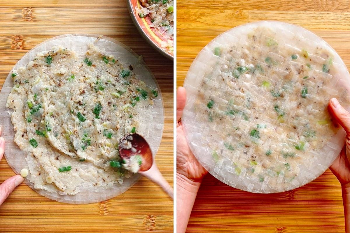 Two images show rice paper sheets spread with a minced shrimp mixture, ready to be transformed into delicious rice paper shrimp pancakes. In the left image, a hand spreads the mixture with a spoon. In the right image, two hands hold the filled rice paper.