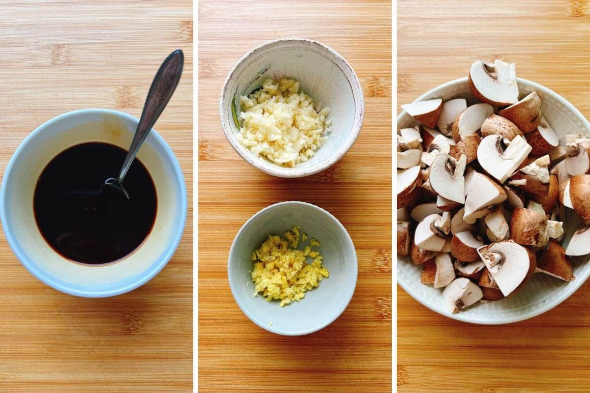 3 image collage with stir fried sauce prepared on the left, minced garlic and ginger in the middle, and quartered mushrooms ready for air fried stir frying.