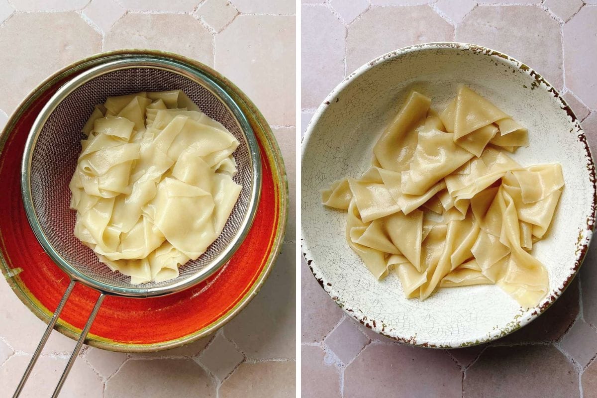 Left: Freshly boiled, wonton wrappers are drained in a metal strainer over a red bowl. Right: The drained wonton skins are placed in a rustic white bowl on a tiled surface.